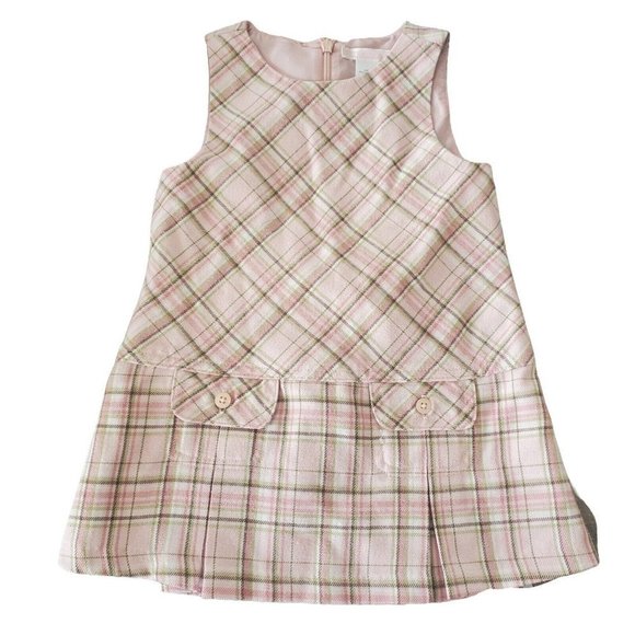 Janie And Jack Baby Girl Light Pink Plaid Flannel Dress Green Sz 12 To 18 Months - Picture 1 of 6